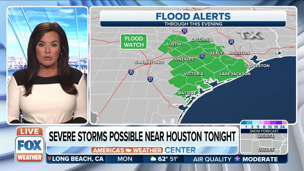 Flood alerts in effect from Austin down to Bayside, Texas through the night. Severe storm possible near Houston Monday evening. 