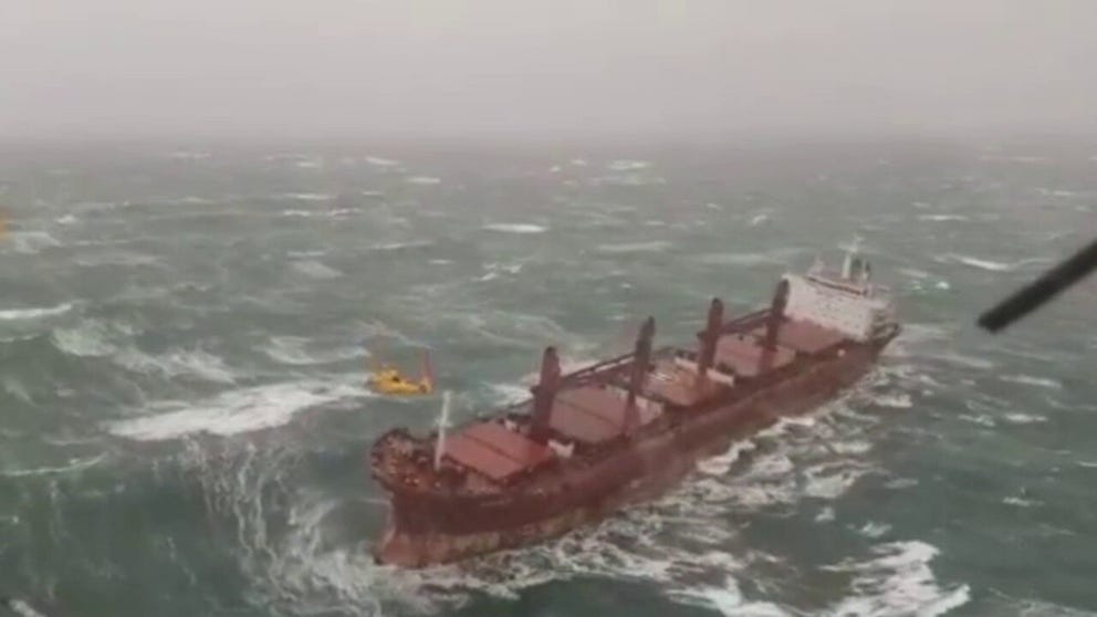Footage released by the Netherlands Coast Guard shows crew members from a cargo ship being rescued after their boat collided with another vessel. 