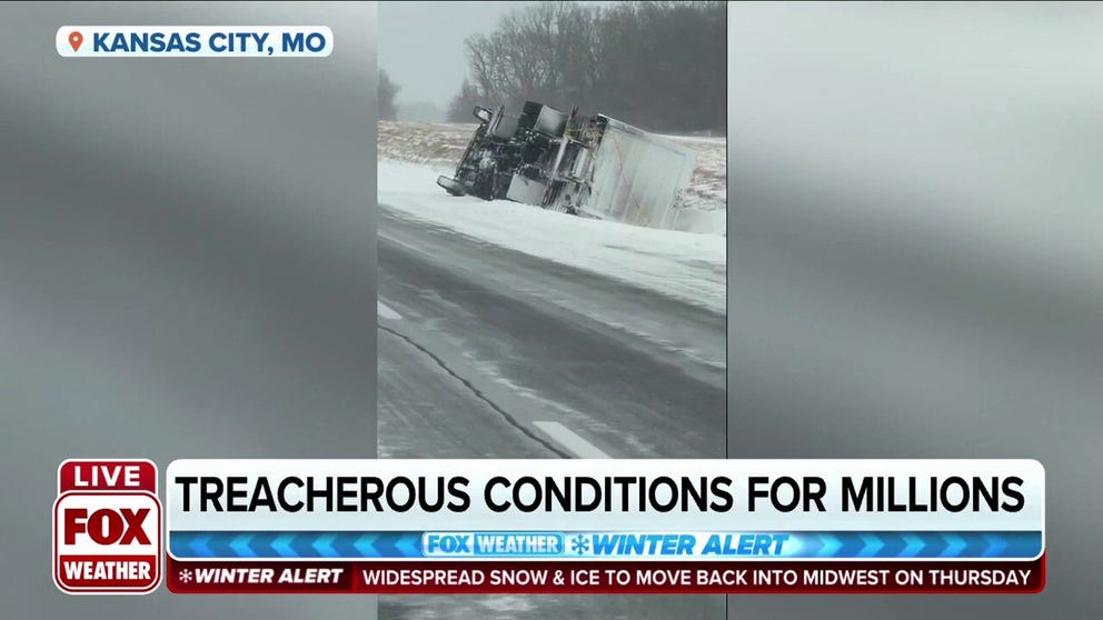 Dangerous driving conditions in the Midwest. Treacherous roadways cause trucks to overturn on highway east of Kansas City, Missouri. 