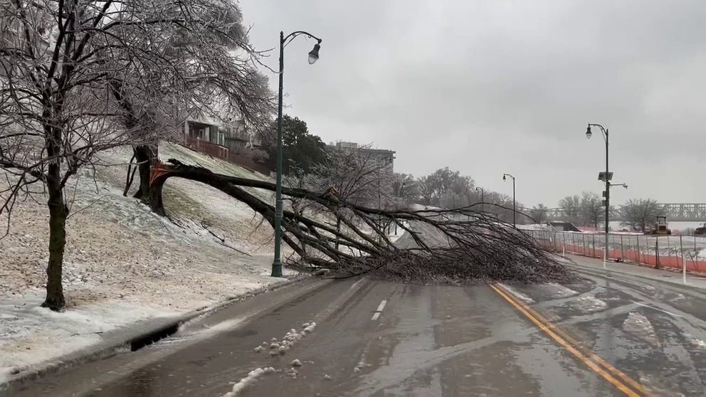 FOX Weather's Will Nunley noticed a tree starting to lean and not even 10 minutes later when he passed by, it had fallen. Thousands are without power in Memphis, Tennessee, as the ice continues to build.