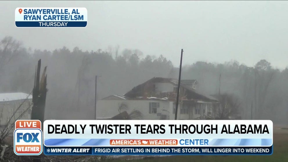 Storm Chaser with Live Storm Media Ryan Cartee tells ‘FOX Weather’ how a large tornado caused extensive damage to Sawyerville, Alabama on Thursday.