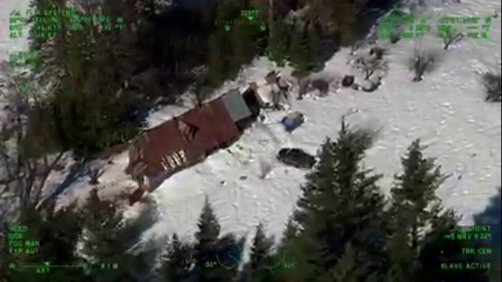 The two people and their dog were rescued by first responders after nearly after spending nearly 2 months in a cabin. (Video Courtesy: California Highway Patrol - Valley Division Air Operations)