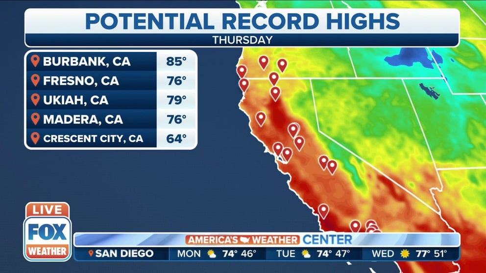 Potential record-high temperatures for California Thursday as an area of high pressure remains stuck in place in the west.  