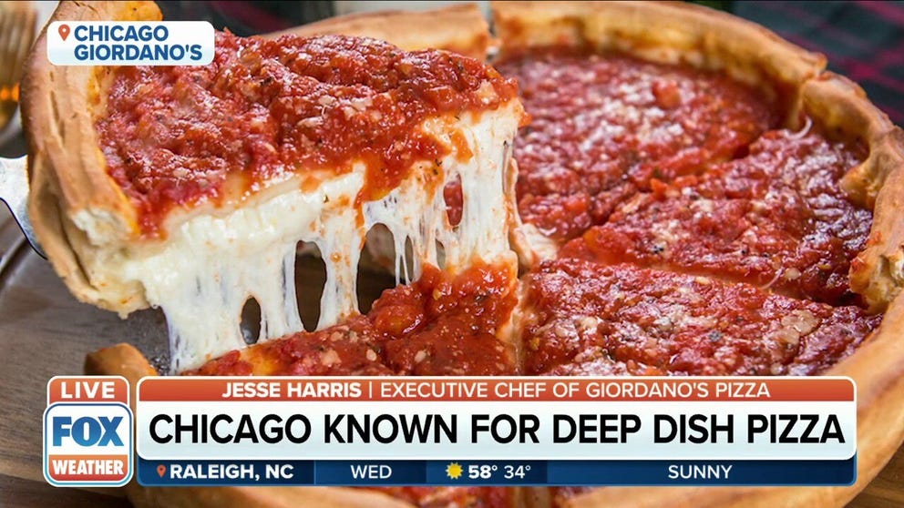 Jesse Harris, Executive Chef of Giordano's Pizza, joined FOX Weather Sunrise on National Pizza Day to explain why their deep dish pizza is the best. 