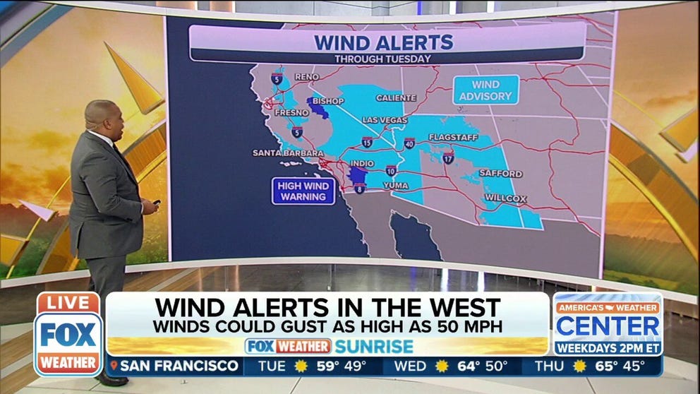 Wind alerts have been issued through Tuesday for parts of the West Coast.