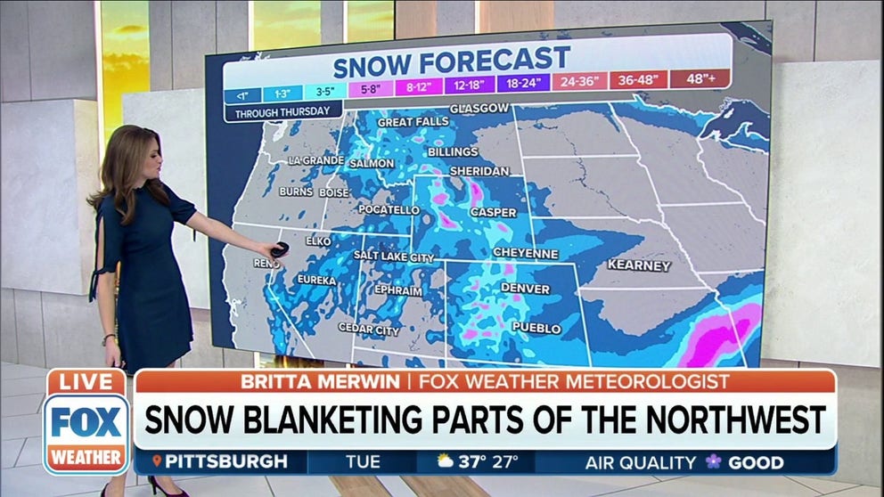 Snow will blanket parts of the Intermountain West and Colorado Rockies through Thursday. 