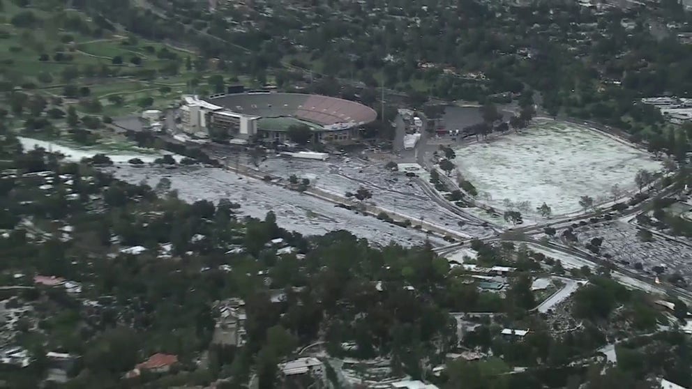 Hail covered the Rose Bowl in Pasadena, California Tuesday after a heatwave.