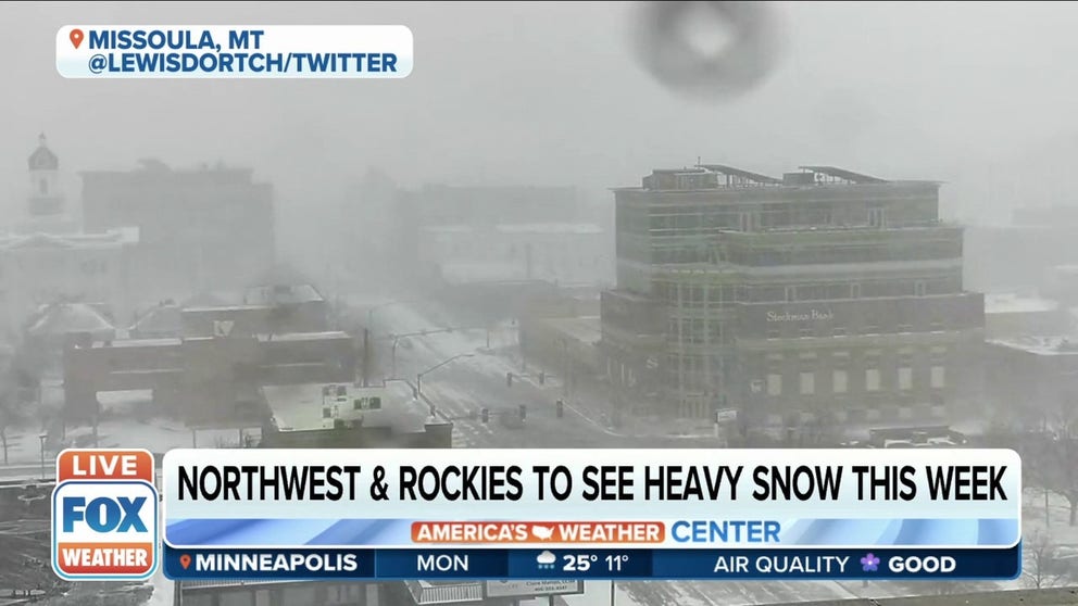 Snow blankets the town of Missoula, Montana. The Northwest and Rockies are expecting heavy snow throughout the week. 