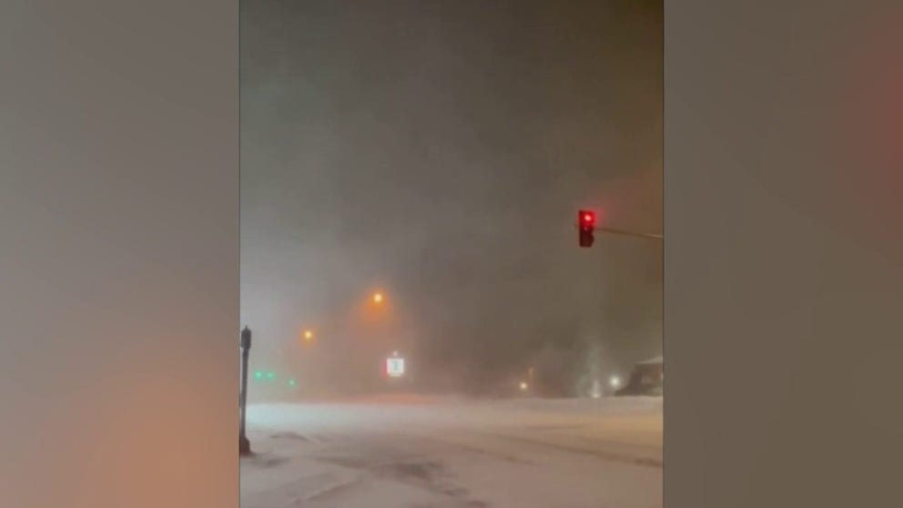 Blowing snow reduces visibility in Columbia Falls, Montana on February 20. The National Weather Service has warned of ‘dangerous wind chills’ for the area into Tuesday. 