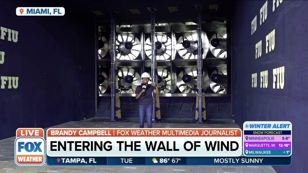 FOX Weather's Brandy Campbell steps inside the Wall of Wind hurricane simulator.