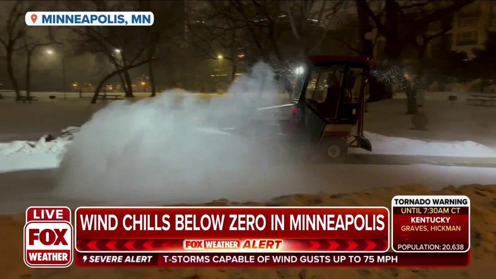 Wind chills are below zero in Minneapolis as a winter storm moves through on Tuesday. 