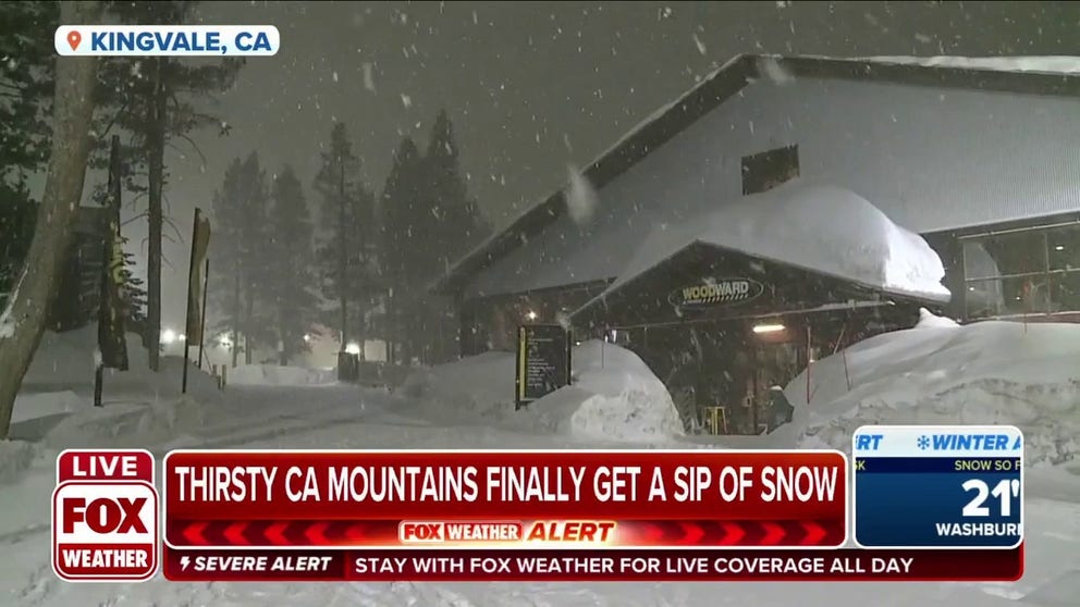 After six dry weeks, California mountains finally get some snow. 