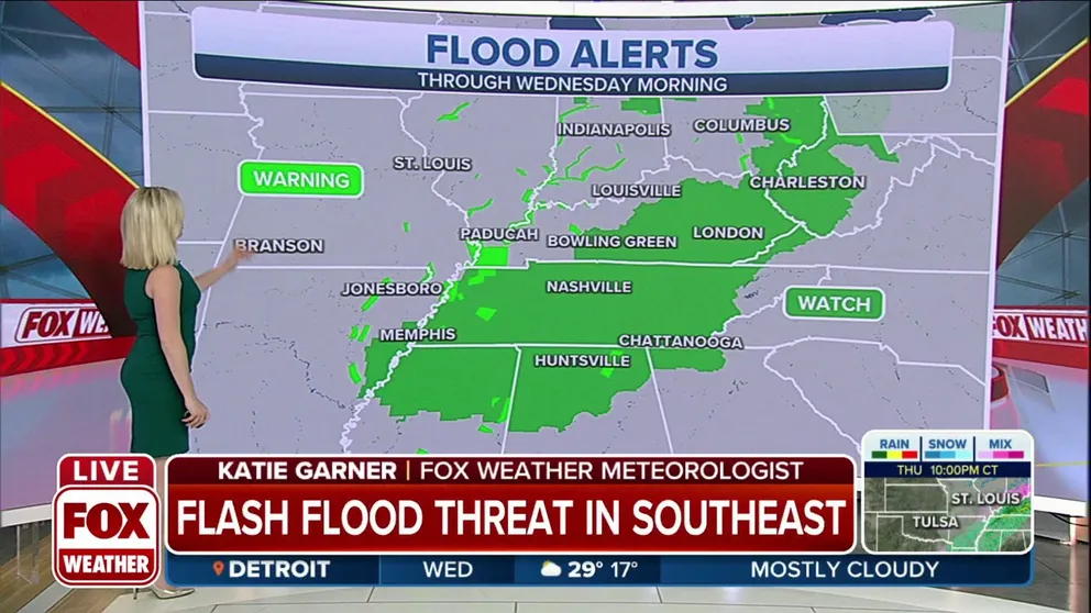 Flash flood reports in Alabama, Kentucky and North Carolina Tuesday. Alerts will remain in place for areas of the Southeast through Wednesday morning. 