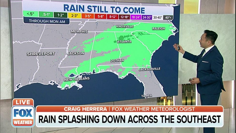 A storm system is bringing rain to parts of the Southeast through Sunday.