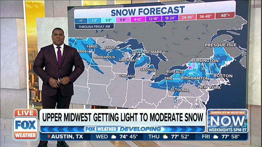 A fast-moving clipper system will spread light snow across parts of the upper Midwest, Great Lakes and interior Northeast.  