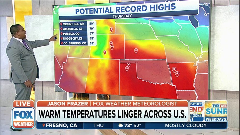 Warm temperatures to threaten more record highs across the central and eastern US through the weekend. 