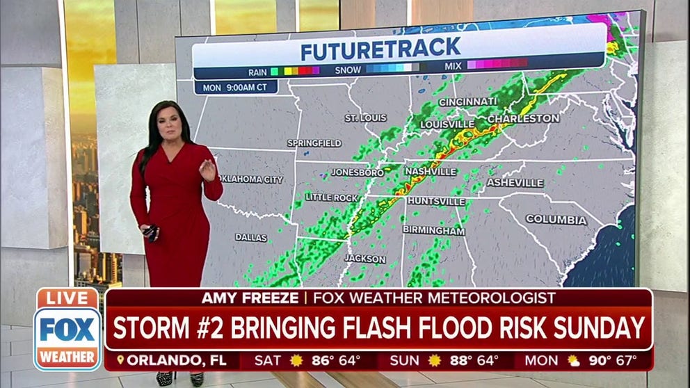 As the first storm moves into Canada on Sunday, a new wave of low pressure will develop along its cold front producing a new round of storms. Thunderstorms will increase throughout the day on Sunday from North Texas to the Ohio Valley. However, the severe threat will wait until Sunday night from far eastern Oklahoma and Texas to the Mid-Mississippi Valley.  