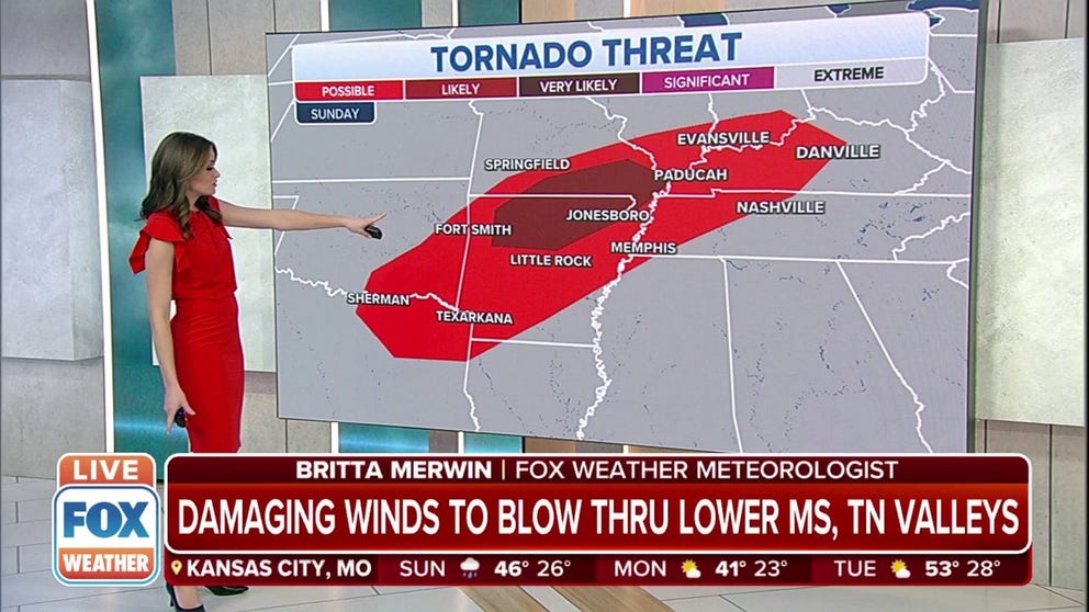 People living in the lower Mississippi and Tennessee valleys need to keep their eyes to the sky on Sunday as severe thunderstorms, including tornadoes, are possible.