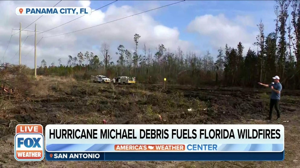 FOX Weather’s Steve Bender says dead vegetation from Hurricane Michael has caused the Bertha Swamp Road Fire to spread.
