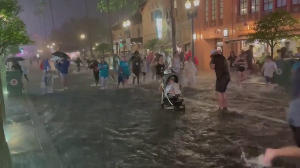 Heavy rain quickly turned Hollywood Boulevard into a river Monday night in Lake Buena Vista, Florida. Park-goers at Disney's Hollywood Studios waded through the water.