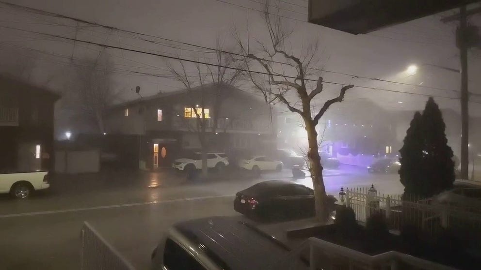 Wind and rain pounded homes and trees in Queens, New York late Monday. A line of severe thunderstorms passed over New York Cities five boroughs.