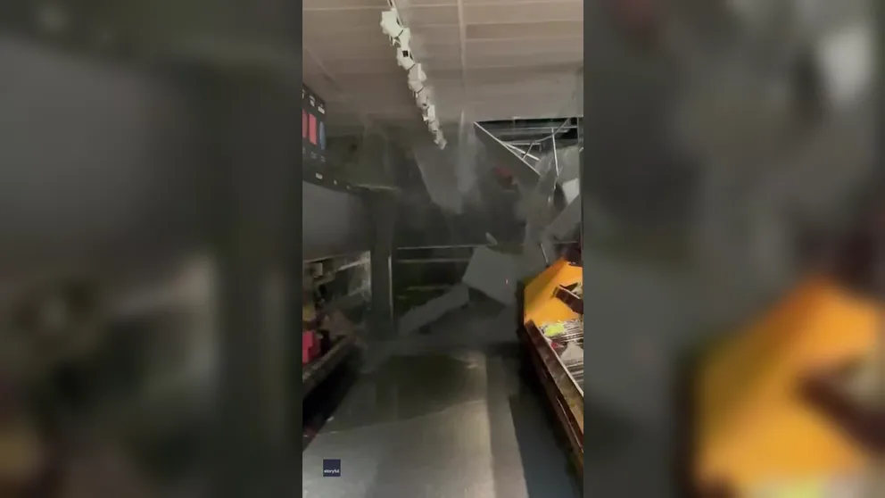 Dramatic video captured the moment the ceiling collapsed at a supermarket in Hurstville, New South Wales, on March 7, as severe thunderstorms brought flash flooding to the Sydney area. (Video: Rabih Elberjawi via Storyful)