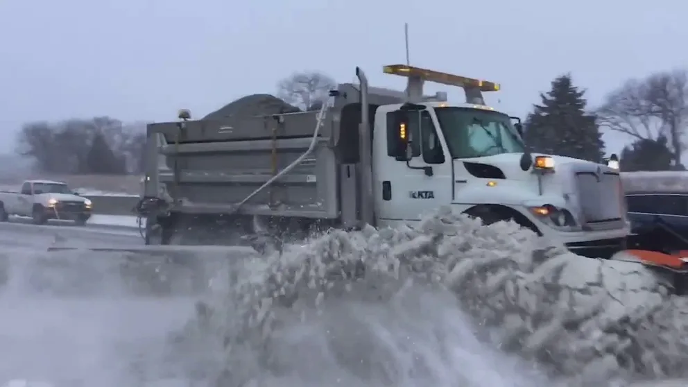 Snowplows were out in force on the Kansas Turnpike on Thursday as north and northeastern parts of Kansas were hit by a winter storm. Footage uploaded by Kansas Turnpike shows snowplows driving in a row on Interstate 70 near Topeka.