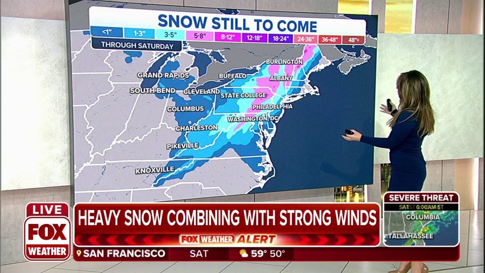 A winter storm that produced snow from the Plains into the South will intensify into a powerful "bomb cyclone" as it blasts the East Coast with heavy snow and high winds on Saturday.