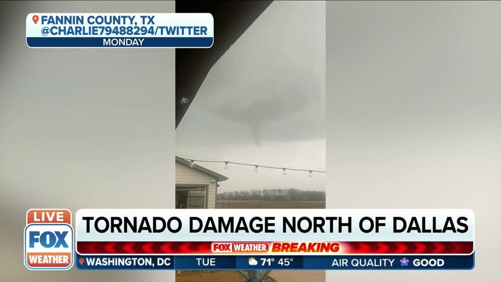 A funnel cloud was spotted in Fanin County, Texas as severe storms caused damage across the state on Monday. 