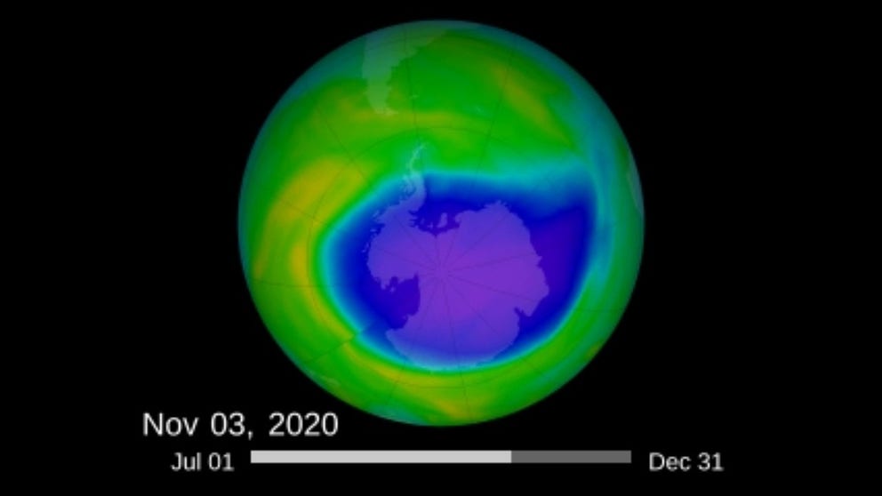 NASA animated the seasonal progression of the Southern Hemisphere ozone hole from July to December 2020.