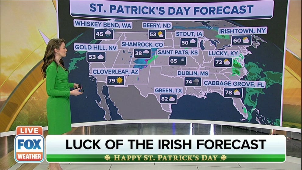 Whether you're grabbing a pint in Beery, North Dakota or eating some corned beef in Cabbage Grove, Florida, FOX Weather has the latest St. Patricks Day forecast. 