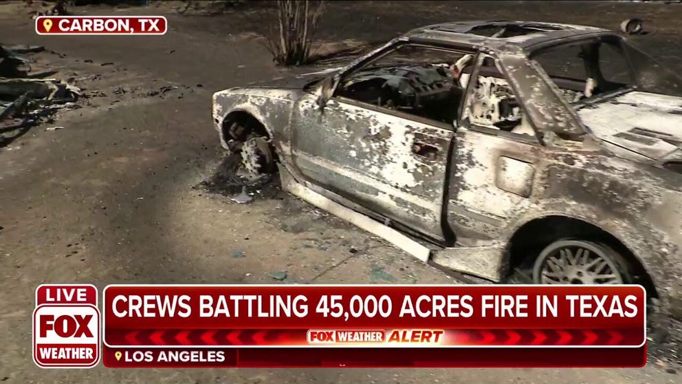 FOX Weather’s Hunter Davis shows cars and homes destroyed from the Eastland Complex Fire in Carbon, Texas. 