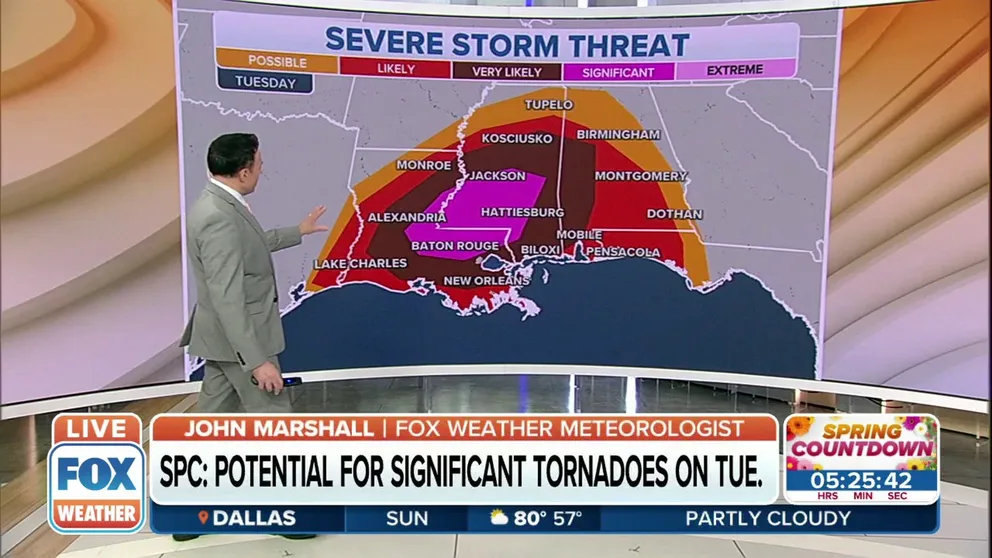 The National Weather Service says there’s the potential for significant tornadoes along the Gulf Coast on Tuesday.