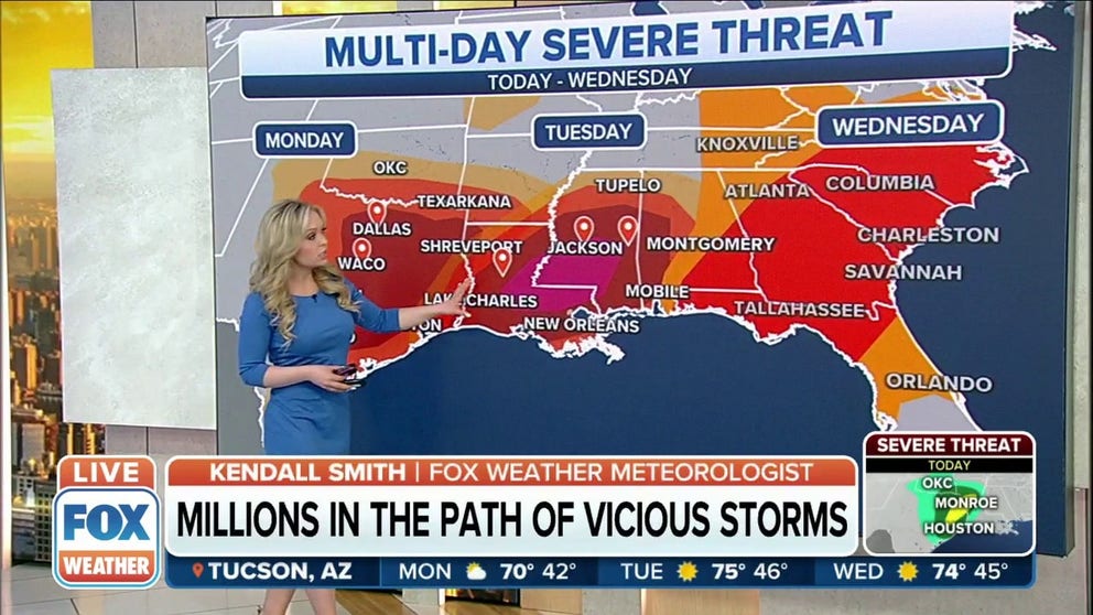 A multiday severe weather outbreak with tornadoes, damaging winds, large hail and flash flooding will impact a large portion of the south-central and southeastern U.S. beginning Monday and continuing through Wednesday.