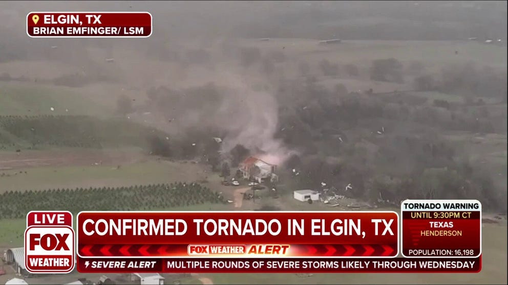 Drone footage in Elgin, Texas captures a Tornado moving through the area.