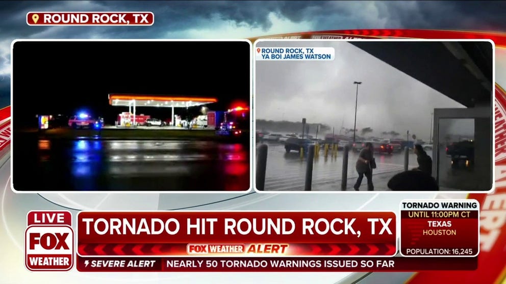 A powerful tornado damages homes and results in power outages for Round Rock, Texas. Residents huddled under a Chevron gas station to seek shelter. 