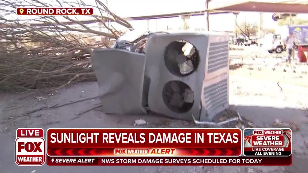 Tornado tosses 1,500+ plus pound A/C unit from building in Round Rock, Texas. 