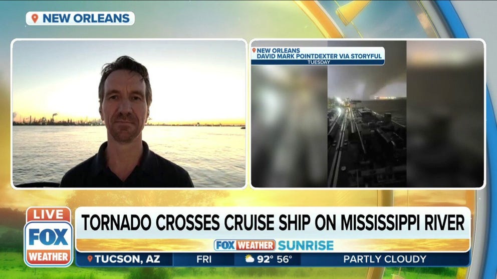 David Poindexter, the barge captain who took the video of the close encounter of the tornado and cruise ship in New Orleans, joined FOX Weather Sunrise on Friday. 