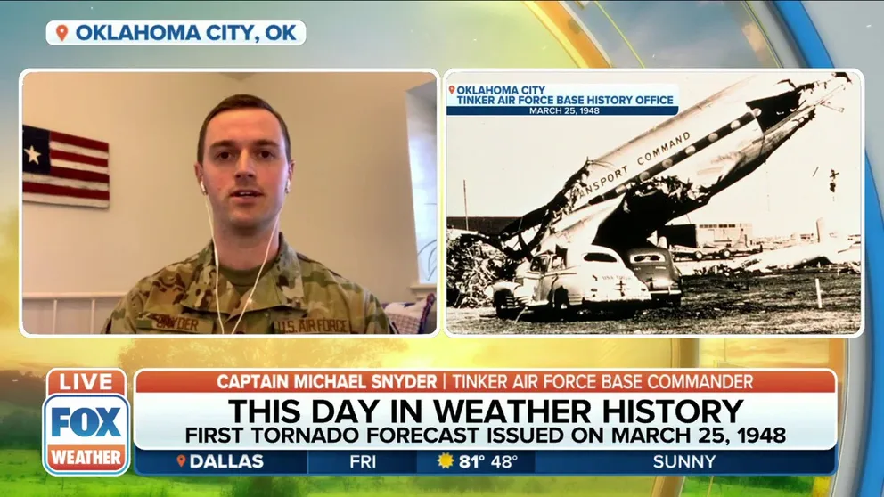 Tinker Air Force Base Commander for the weather Flight, Capt Michael Snyder discusses the first official tornado forecast—and tornado warning—made by United States Air Force Capt. (later Col.) Robert C. Miller and Major Ernest Fawbush, on March 25, 1948.