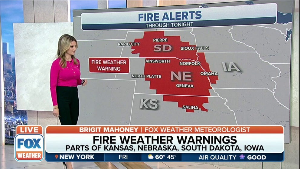 Fire threat fueled by low humidity and high winds in the Plains. Kansas, Nebraska, South Dakota and Iowa are states all under fire weather warnings Friday.