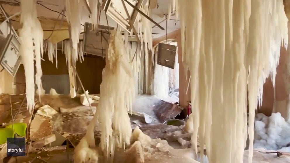 A several-day stretch of freezing weather in Ukraine has left surreal scenes amid the damage caused by Russia's military invasion. Amid the rubble were feet-long icicles caused when water streamed from broken pipes, then froze. (Video courtesy: Alex Lourie via Storyful)