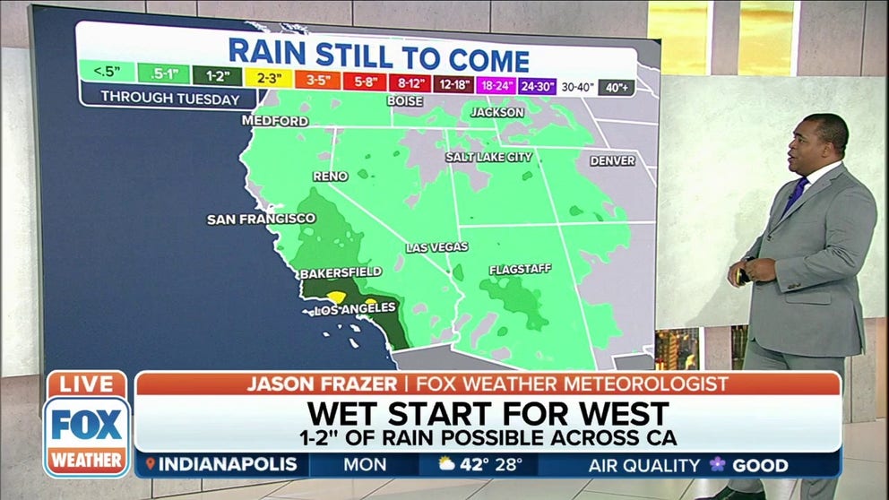 Heavy rain is possible across coastal southern California where 1-2 inches of rain will be possible by Tuesday. 