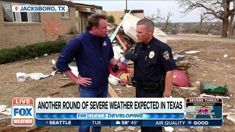 Jacksboro Chief of Police Scott Haynes tells FOX Weather multimedia journalist Robert Ray that his city is recovering quickly and the new storm threat ‘will not intimidate' his community. 