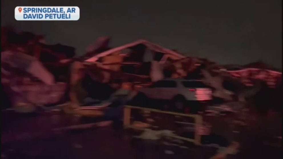 Damage is seen in Springdale, Arkansas from a possible tornado Wednesday morning. 