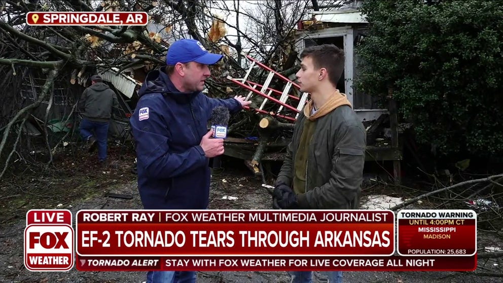 FOX Weather’s Robert Ray speaks with a Springdale, Arkansas resident whose family had their house destroyed and uncle injured from a tornado later identified as an EF-3.
