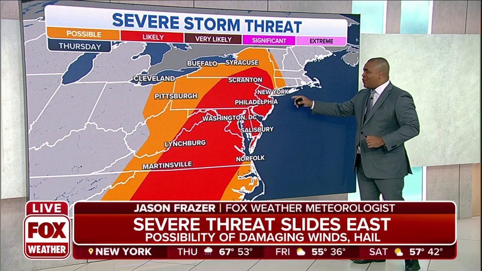 A severe weather outbreak shifts to the Eastern Seaboard on Thursday.