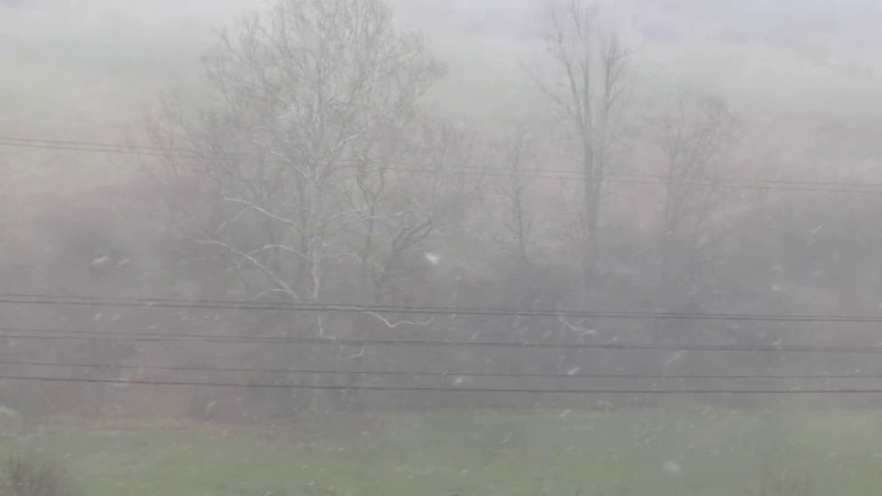 Video shows snow falling in Morgantown, West Virginia on Friday. The winter weather reduced visibility to as low as half a mile. (Video: @rocketpoe via Storyful)