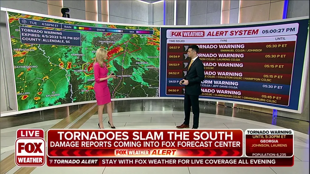 FOX Weather tracks a confirmed tornado across Allendale, South Carolina. The large, potentially dangerous storm prompted the NWS in Charleston to issue a Tornado Emergency for just the second time in its history.