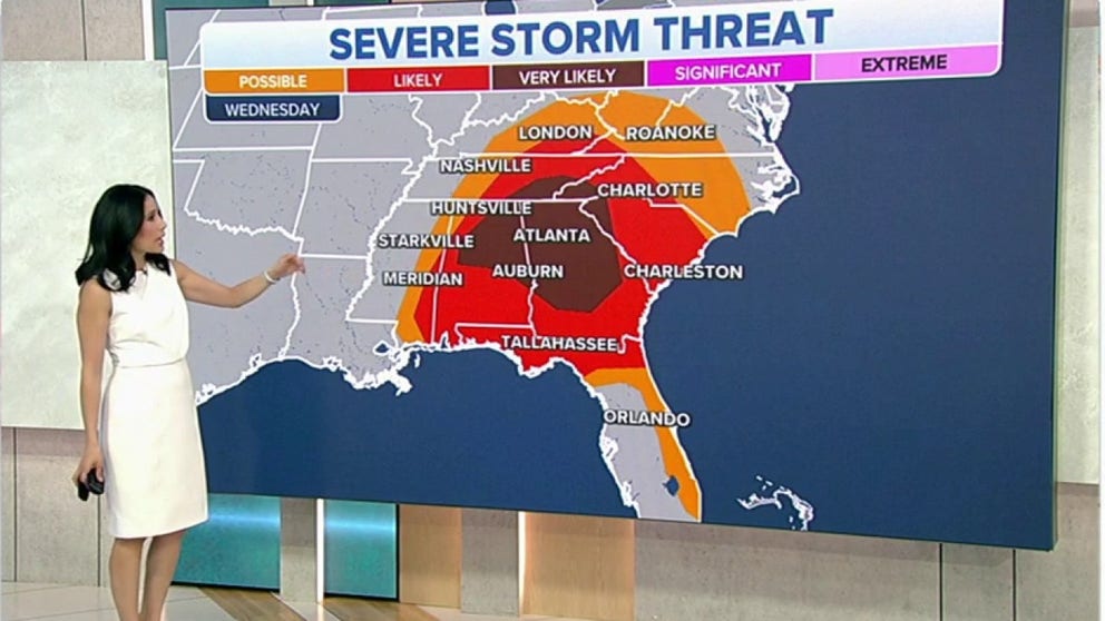 Severe weather continues for a large portion of the Southeast on Wednesday. Damaging winds very likely in Georgia and Alabama.   