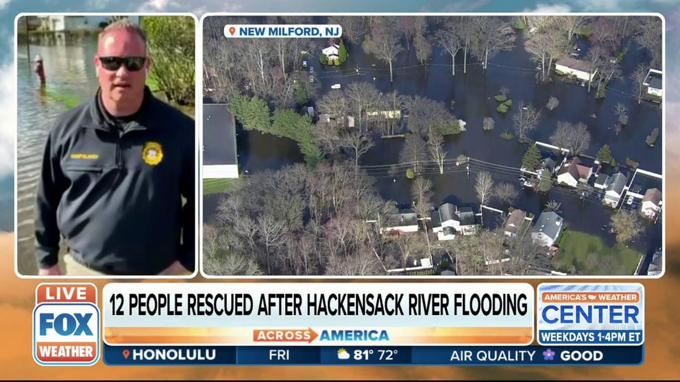 Police Chief Brian Clancy provides an update on the flooding in New Milford, New Jersey after the Hackensack River crested. 